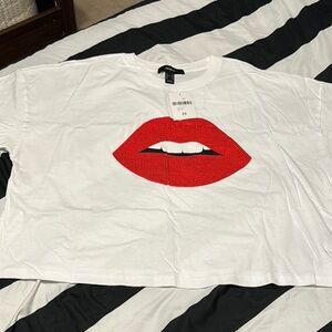Forever 21 White Crop Top with Red Lips Design